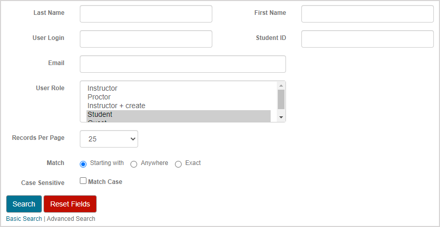 The fields of an advanced search are shown: last name, first name, user login, student ID, email, user role, records per page, match, case sensitive.